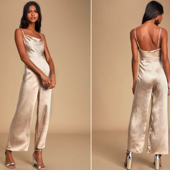 NWT: Perfect Night Champagne Satin Cowl Neck Culotte Jumpsuit (Lush) - Picture 1 of 6